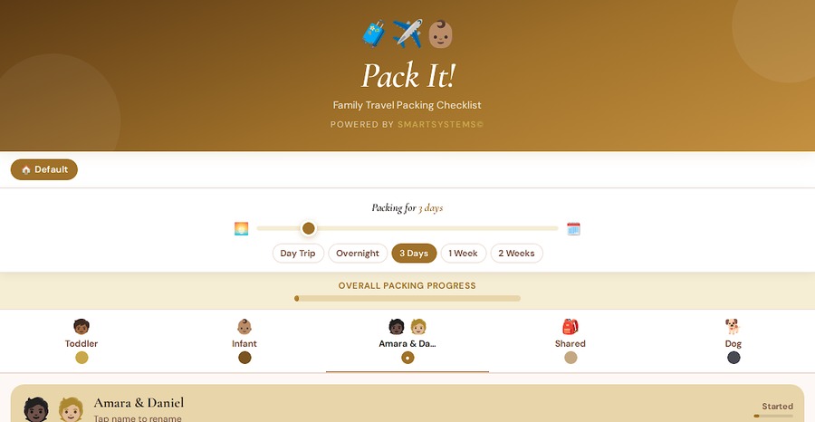 Pack It! app dashboard showing packing categories